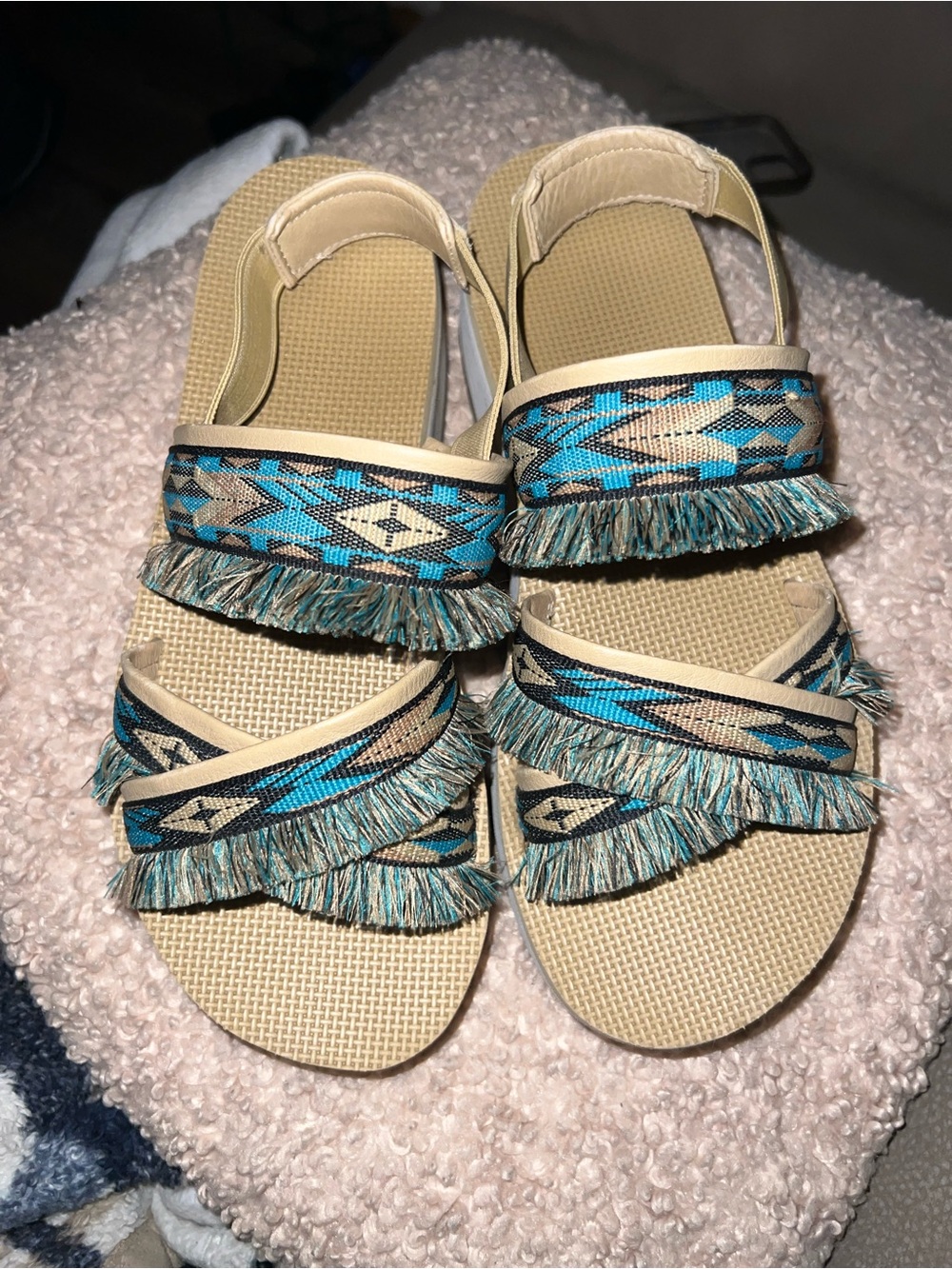 Teva Beige Sandals with Turquoise Aztec Fringe Straps